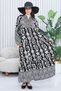 Women's Black and White Button Detailed Placket Collar Ethnic Print Loose Balloon Sleeve Long Dress - 3