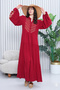 Women's Burgundy Authentic Embroidery Detailed Button Closure Placket Neckline Long Sleeve Long Dress - 3