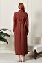 Women's Stand Collar Sash Detailed Woven Dress - 8