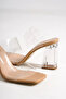 Women's Beige Double-Strapped and Transparent Heel Detailed Medium Heeled Slippers - 2