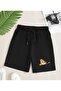 Unisex Zippered Teddy Bear Printed Bermuda Pocketed Corded Comfortable Fit Black Shorts