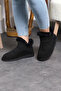 Mini Black Suede Leather Ankle Boots with Real Fur Inside Flat Sole Women's Boots - 7