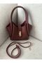 Women's Burgundy Mini Bag with Lock Detail and Strap for Hand and Shoulder Use