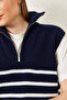 Women's Navy Blue White Zippered Thessaloniki Knitted Sweater 20247578 - 5