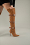 Roman Buckle Detailed Above Knee Tan Suede Suede 10 cm Women's Boots, Heeled Boots - 6