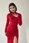 Women's Stretchy Sandy Fabric Drawstring and Slit Design Red Midi Dress 343 - 6