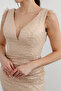 Women's Beige Slim Fit V-Neck Sequined Long Evening Dress - 4