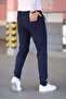 Men's Navy Blue Elastic Waist Lace-Up Stretchy Fitted Jogger Pants Fabric Pants - 7