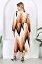 Women's Coffee Zigzag Pattern Double Breasted Collar Balloon Sleeve Maxi Length Wrap Dress - 6