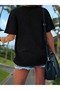 Women's V-Neck Black T-Shirt Printed Oversized Casual - 3