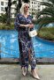 Navy Blue Print Long Dress with Slit Detail Mg2325 - 3