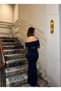 Women's Navy Blue Carmen Collar See-Through Tulle Detail Long Sleeve Maxi Dress Ely- 10001647 - 5