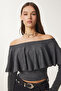 Flounced Carmen Collar Knitwear Blouse Anthracite Lus0076 - 2