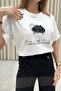 Women's Ecru Flower Pattern Crew Neck T-Shirt (T-Shirt) - 6