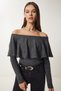 Flounced Carmen Collar Knitwear Blouse Anthracite Lus0076