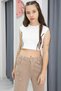 Beige Embroidery Detail Wide Leg Girls' Jeans Pants 20300 - 2