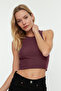 Bordo*001 Fitted/Vücuda Oturan Crop Halter Yaka Fitilli Esnek Örme Atlet TWOSS21AL0050 - 3