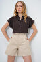 Women's Brown Cuffed Double Short Sleeve Textured Shirt Alc-X8724 - 2