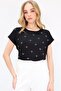 Women's Black Crew Neck Heart Pattern Stone Embroidered Zero Sleeve T-Shirt Alc-X13539 - 4