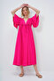 Women's Fuchsia V-Neck Backless Tie Detailed Front Buttoned Summer Poplin Dress Alc-X13582 - 3