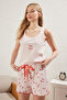 Pembe %100 Pamuklu Kiraz Desenli Kurdele/Fiyonklu Şortlu Örme Pijama Takımı THMSS25PT00186