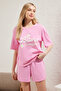 Pembe %100 Pamuklu Sloganlı Şortlu Örme Pijama Takımı THMSS25PT00244