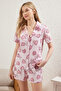 Pembe-Çok Renkli %100 Pamuklu Kalpli Şortlu Örme Pijama Takımı THMSS25PT00120 - 3