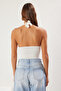 Ecru Gathered Halter Neck Fitted/Fitted Stretchy Knitted Bodysuit with Snap Fasteners Twoss25Bd00006 - 5