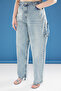 Açık Mavi Beli Ayarlanabilir %100 Pamuk Non-Stretch Büyük Beden Baggy Jean TBBAW25CJ00034 - 3