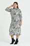 Women's Black and White Asymmetrical Leaf Pattern Half Turtleneck Plus Size Slit Flexible Suede Dress - 2