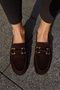 Picoli Women's Coffee Genuine Suede Buckle Loafer Shoes - 6