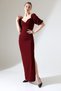 Burgundy Crepe Fabric Double Breasted Neck Balloon Sleeve Slit Detail Maxi Dress - 2