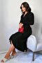 Black Crepe Fabric Long Sleeve Belted Midi Dress - 3