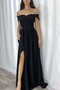 Black imported crepe fabric shoulder detailed slit dress
