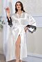 5902 Women's Satin Long Sleeve Lace Detailed Long Dressing Gown-White