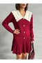 Women's Burgundy Stylish Lapel Detailed Cardigan Blouse Skirt Bottom Top Double Set - 5