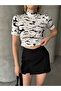 Women's White Marble Stand Collar Short Sleeve Viscose Cropped Blouse - 2
