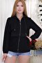 Crystal Rhinestone Hooded Zip-Up 3-Thread Cotton Black Stylish Plus Size Women's Black Sweatshirt with Pockets