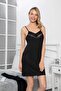 18155 Women's Black Lace Detailed String Strap Nightgown Dressing Gown Set - 6
