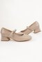 Women's Beige Patent Leather Blunt Toe Belt Detailed Short Heel Ballet Shoes - 3