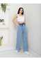 Women's Elastic Waist Tassel Detail Acid Washed Palazzo Loose Fit Denim Trousers - 2