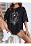 Floral Square Design T-Shirt - Black Oversize Printed Crew Neck Printed Short Sleeve Loose Fit