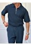 Ribbed Half Zipper Polo Neck T-Shirt - 2