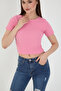 Women's Crew Neck Ribbed Short Sleeve Pink Body Crop Blouse - 4