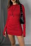 Women's Height Adjustable Finger Detail Crew Neck Red Mini Dress - 4