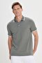 Men's Khaki-White Slim Fit Slim Fit Cotton Striped Polo Collar T-Shirt - 5
