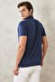 Men's Navy Blue Slim Fit Narrow Cut Polo Neck Plain Casual T-Shirt - 5