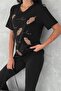 Women's Black V-Neck Plus Size Leaf Sequin Sequin Embroidered 100% Cotton T-Shirt - 4