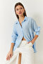 Women's Baby Blue Linen Airobin Stone Embroidered Shirt 60161003 - 2