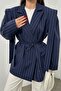 Striped Oversize Blazer Women's Jacket - Belted and Shoulder Detail - 6